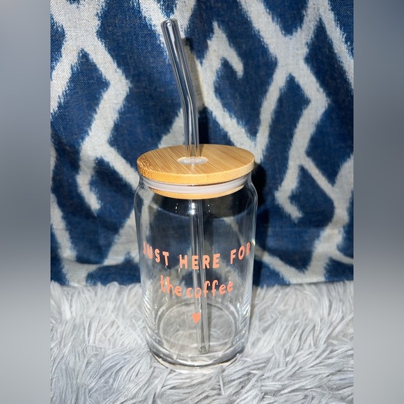 NEW Glass Can Cup 16oz “Just Here for The Coffee” - Picture 1 of 3